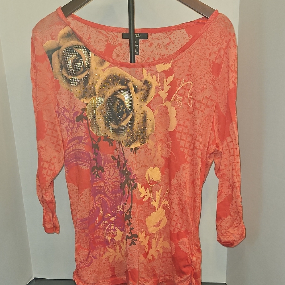 Style & Co. Coral and Gold Floral Long Sleeve Top